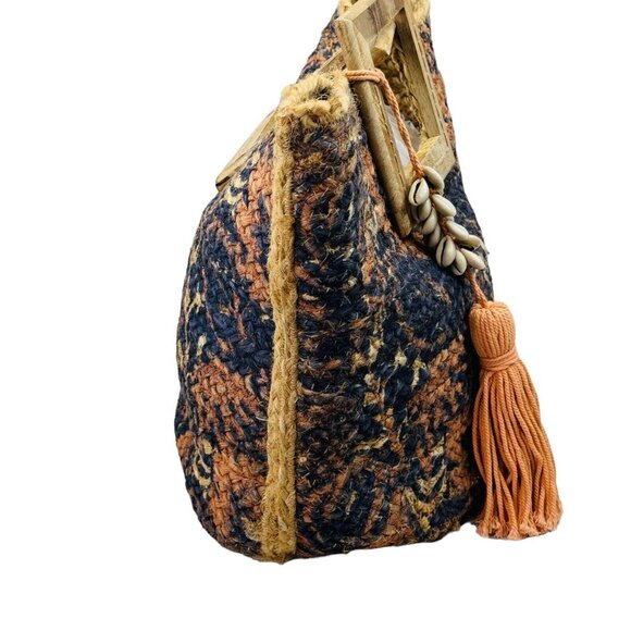 Natural Jute Woven Tote Peach Black 19”x14” Square Wood Handle Shell Tassel - Picture 3 of 16